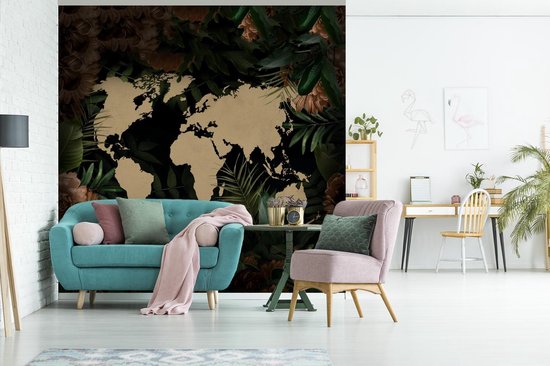 Papier peint - Papiers Papier peint photo Wereldkaart - Plantes - Fleurs - Largeur 280 cm x Hauteur 280 cm