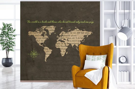 Behang - Fotobehang Wereldkaart - Letters - Windroos - Breedte 280 cm x hoogte 280 cm