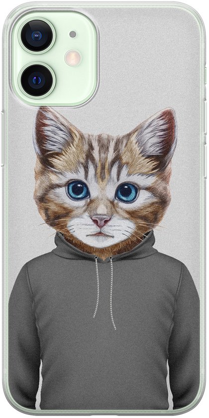 Coque pour iPhone 12 Mini avec un tableau d'un chat aux grands yeux bleus, portant un sweat à capuche gris.