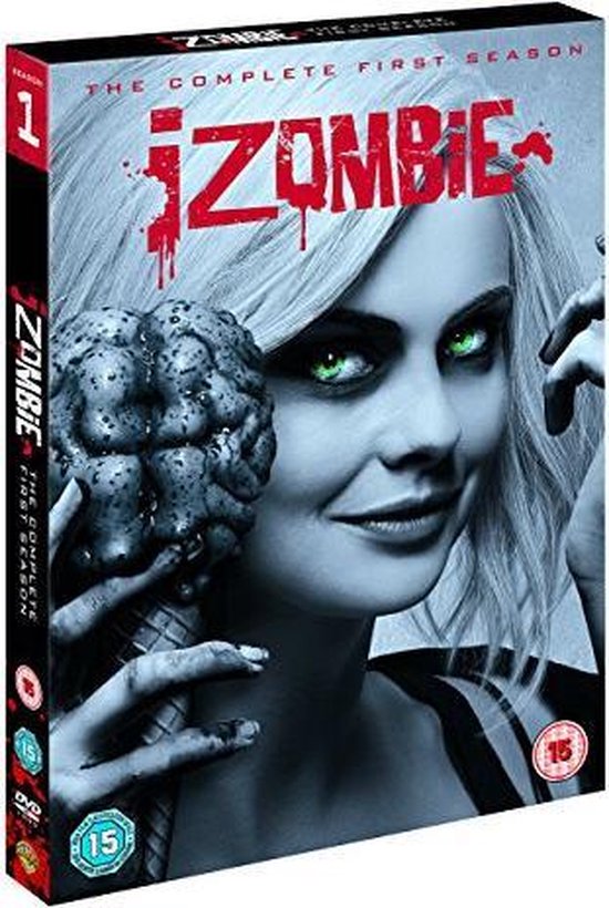 DVD-hoes van iZombie Seizoen 1. Een vrouw met bleek haar en groene ogen houdt een ijshoorntje vast dat lijkt op een hersenen.