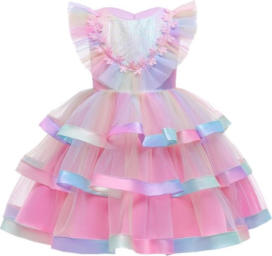 Prinses - Luxe Unicorn jurk - Roze regenboog - Prinsessenjurk - Verkleedkleding - Feestjurk - Sprookjesjurk - Maat 110/116 (4/5 jaar)