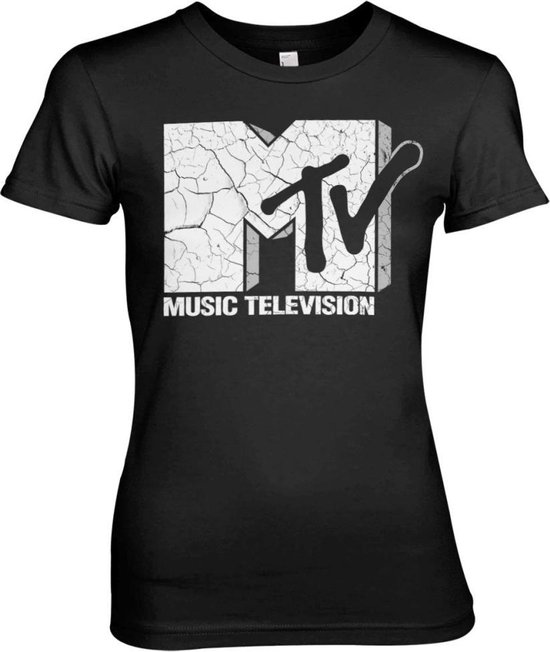 Zwart T-shirt met de tekst "MUSIC TELEVISION" en een gebarsten wit MTV logo.