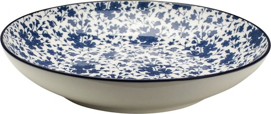 Wit schaaltje met blauwe bloemenprint en blauwe rand.