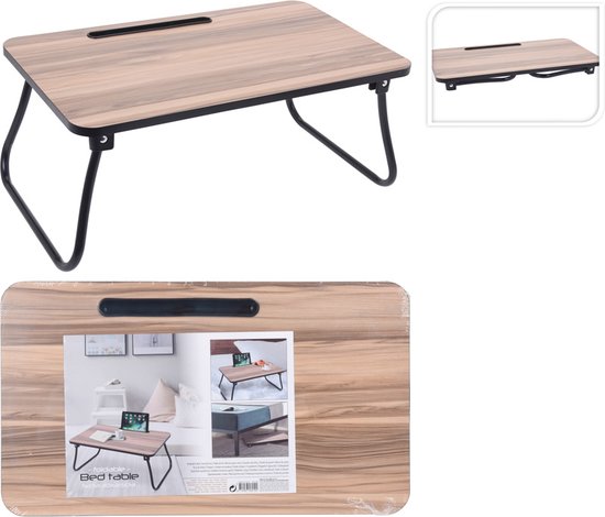 Houten bedtafel met inklapbare poten, in verpakking.