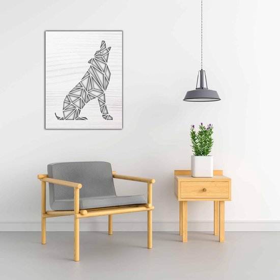 Line Art - Loup carré 5 - M - 77x60cm - Bois de frêne Blanc - décoration murale géométrique