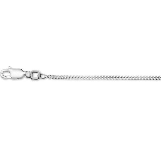 Collier chaîne gourmette argenté avec fermoir mousqueton sur fond blanc.