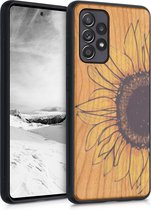 kwmobile telefoonhoesje compatibel met Samsung Galaxy A52 / A52 5G / A52s 5G - Hoesje met bumper in geel / donkerbruin / lichtbruin - kersenhout - Wood Sunflower design