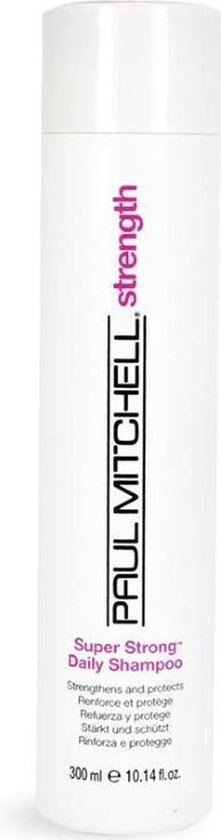 Witte fles Paul Mitchell Super Strong Daily Shampoo 300 ml met roze tekst.