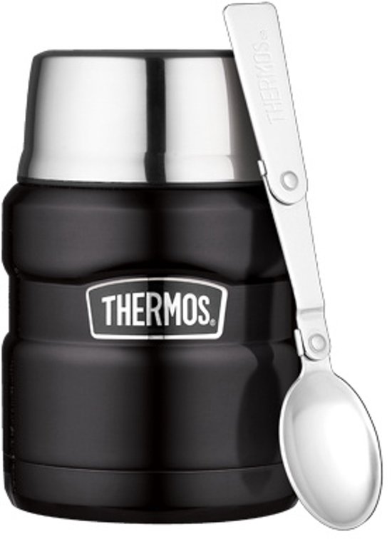 Zwarte Thermos food jar van 47 cl met zilveren deksel en inklapbare lepel.