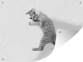 Tuinposter - Tuindoek - Tuinposters buiten - Kitten met speeltje - zwart wit - 120x90 cm - Tuin