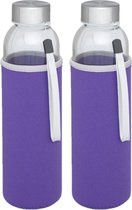 2x stuks glazen waterfles/drinkfles met paarse softshell bescherm hoes 500 ml - Sportfles - Bidon