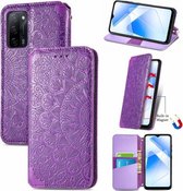 Voor OPPO A55 5G Bloeiende Mandala Reliëf Patroon Magnetische Horizontale Flip Lederen Case met Houder & Kaartsleuven & Portemonnee (Paars)