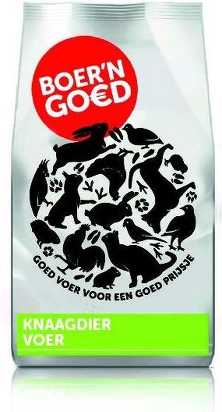 Boer'n Goed konijnenvoer met illustratie van diverse boerderijdieren in een cirkel. Tekst: "Goed voer voor een goed prijsje".