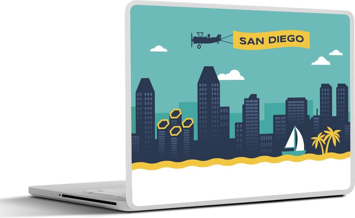 Afbeelding van product SleevesAndCases  Laptop sticker - 15.6 inch - een vliegtuig die boven de hoogbouw van San Diego vliegt
