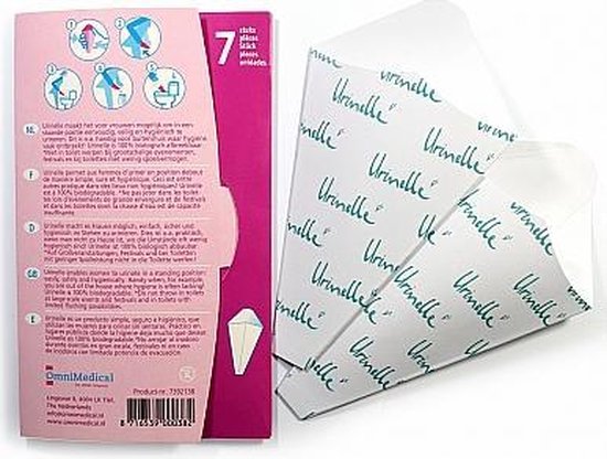 Verpakking met 7 Urinelle plasgootjes voor vrouwen, met meertalige instructies en illustraties.