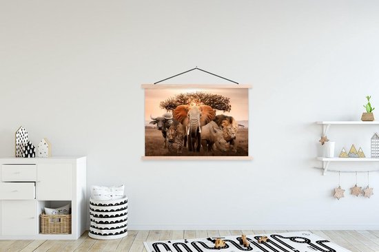 Porte-affiche avec affiche - Affiche scolaire - Animaux - Éléphant - Lion - 150x100 cm - lattes vierges