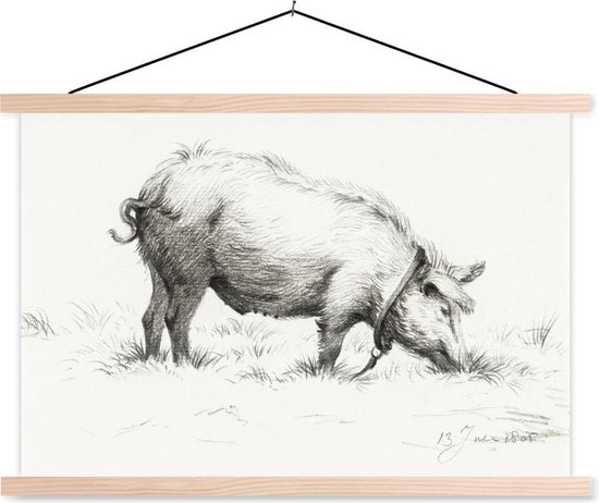 Posterhanger incl. Poster - Schoolplaat - Staand varken in het gras - schilderij van Jean Bernard - 150x100 cm - Blanke latten