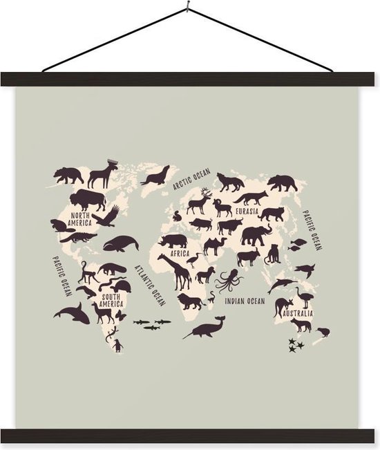 Wereldkaart Enfants - Animaux - Beige - 60x60 cm - Affiche scolaire