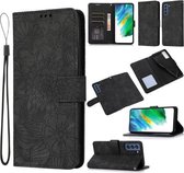 Voor Samsung Galaxy S21 FE Huid Voelen Reliëf Zonnebloem Horizontale Flip Lederen Case met Houder & Kaartsleuven & Portemonnee & Lanyard (Zwart)