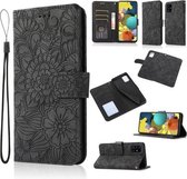 Voor Samsung Galaxy A51 Huid Voelen Reliëf Zonnebloem Horizontale Flip Lederen Case met Houder & Kaartsleuven & Portemonnee & Lanyard (Zwart)