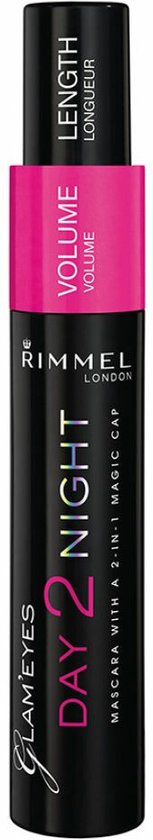 Zwarte Rimmel Day2Night mascara met roze 'VOLUME' en zwarte 'LENGTH' dop.