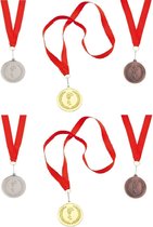 6x stuks sportprijzen medailles goud/zilver/brons aan rood halslint - sportdag - 2x stuks per type
