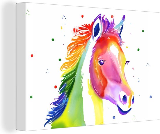Canvas Schilderij Paard - Regenboog - Stippen - Meisjes - Kinderen - Meiden - 60x40 cm - Wanddecoratie