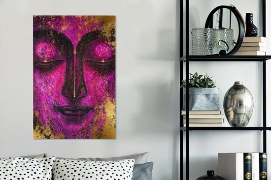 Toile Peinture Bouddha - Visage - Violet - 60x90 cm - Décoration murale