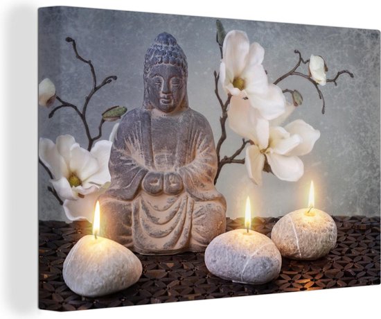 Peintures sur toile Bouddha - Bougies - Grijs - 120x80 cm - Décoration murale