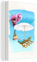 Canvas Schilderij Strandstoel - Bloemen - Parasol - Tekening - 40x60 cm - Wanddecoratie