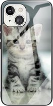 Kleurrijk geschilderd glas schokbestendig beschermhoesje voor iPhone 13 Mini (Cute Cat)