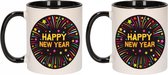 2x stuks 1x Happy New Year bekers / mokken - zwart / wit - 300 ml - Oud en Nieuw