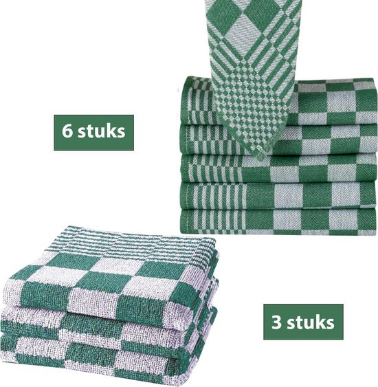 Homéé® Keukendoeken 9-delige sets groen/wit - 6 x theedoeken 65x65cm + 3 keukenhanddoeken 5x50cm