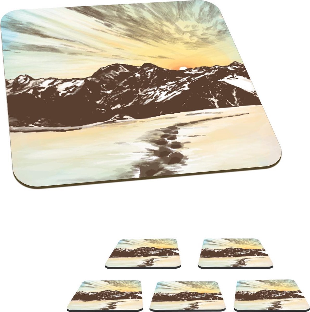 Onderzetters voor glazen - Zee - Berg - Zon - 10x10 cm - Glasonderzetters - 6 stuks