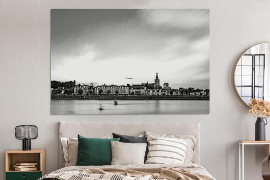 Peintures sur toile - Vue sur le Waal et la ville hollandaise de Nimègue - noir et blanc - 180x120 cm - Décoration murale XXL /