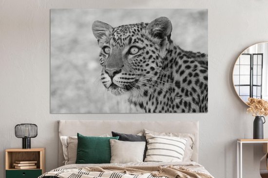 Tableau Tableau Portrait photo léopard - noir et blanc - 150x100 cm - Décoration murale