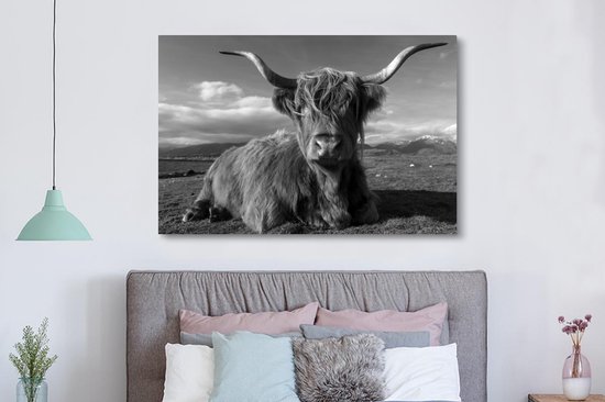Peinture sur toile Highlander écossais - noir et blanc - 150x100 cm - Décoration murale