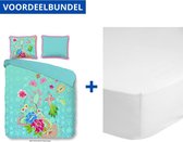 Luxe Dekbedovertrek Tweepersoons - 200x200/220cm - Inclusief 2 Kussenslopen - 100% Zacht Percale Katoen - Pajarito Aqua + Zachte Katoenen Hoeslaken -140x200cm - Wit