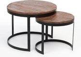 Sunfield Bijzettafel set Austin | Set van twee Salontafels | Mangohout en Metaal | Grote Tafel: ø 58cm & Kleine Tafel: ø 43 cm | Bruin