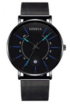 Hidzo Horloge Geneva - Met Datumaanduiding - ø 40 mm - Zwart/Blauw - Staal