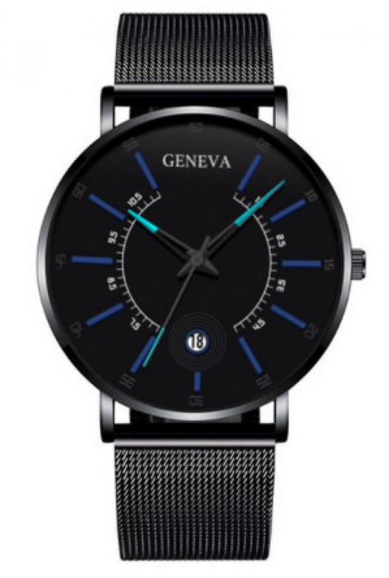 Hidzo Horloge Geneva - Met Datumaanduiding - ø 40 mm - Zwart/Blauw - Staal  | bol.com