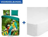 Luxe Dekbedovertrek Eenpersoons - 140x200/220cm - Inclusief 1 Kussensloop - 100% Zacht Polyester - Parrots + Zachte Katoenen Hoeslaken -100x200cm - Wit