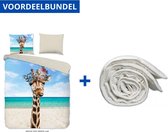 Luxe Dekbedovertrek Eenpersoons - 140x200/220cm - Inclusief 1 Kussensloop - 100% Zacht Polyester - Cool Giraffe + Wasbaar Microfiber Dekbed - 140x220cm - Wit