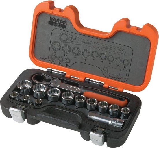 Een Bahco S140T dopsleutelset in een open oranje en zwarte koffer. De set bevat ratel, verlengstuk en 12 doppen van diverse maten.