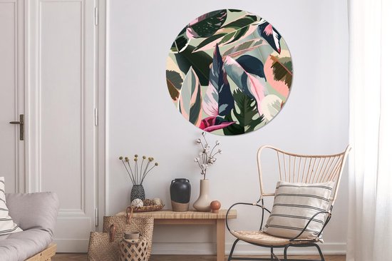 WallCircle - Wandcirkel - Muurcirkel - Tropisch - Blauw - Roze - Aluminium - Dibond - ⌀ 120 cm - Binnen en Buiten XXL