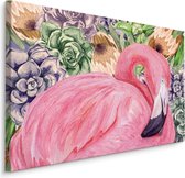 Schilderij - Roze Flamingo en bloemen (print op canvas), 4 maten, premium print