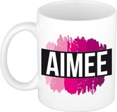 Aimee  naam cadeau mok / beker met roze verfstrepen - Cadeau collega/ moederdag/ verjaardag of als persoonlijke mok werknemers