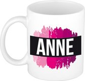 Anne  naam cadeau mok / beker met roze verfstrepen - Cadeau collega/ moederdag/ verjaardag of als persoonlijke mok werknemers