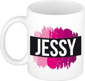 Jessy naam cadeau mok / beker met roze verfstrepen - Cadeau collega/ moederdag/ verjaardag of als persoonlijke mok werknemers