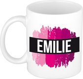 Emilie  naam cadeau mok / beker met roze verfstrepen - Cadeau collega/ moederdag/ verjaardag of als persoonlijke mok werknemers